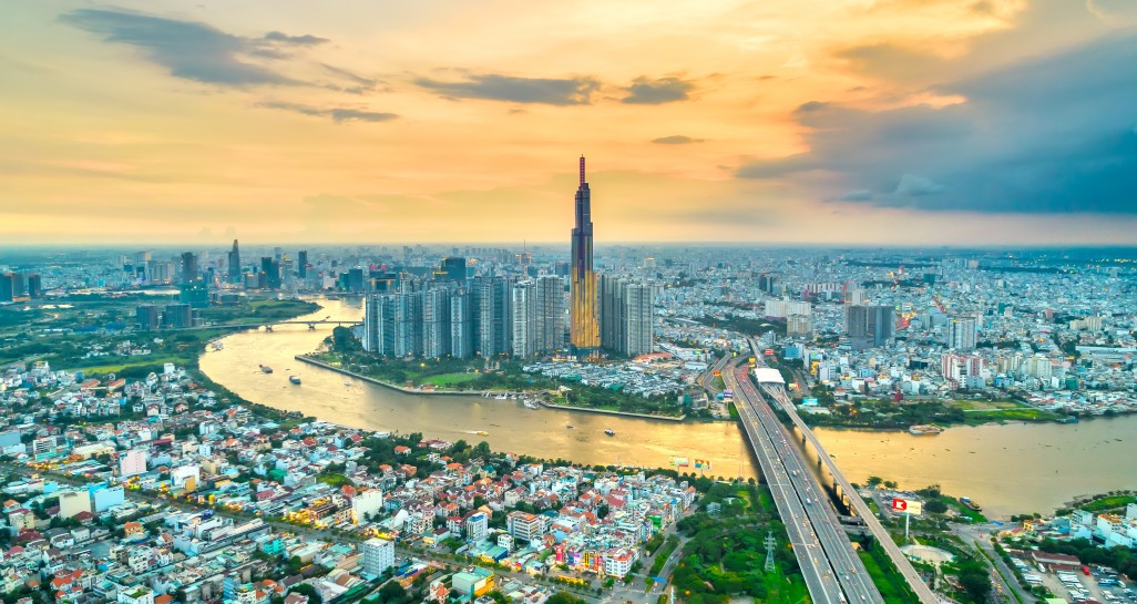 top view aerial center ho chi minh city vietnam beauty skyscrapers along river urban developmen cropped
